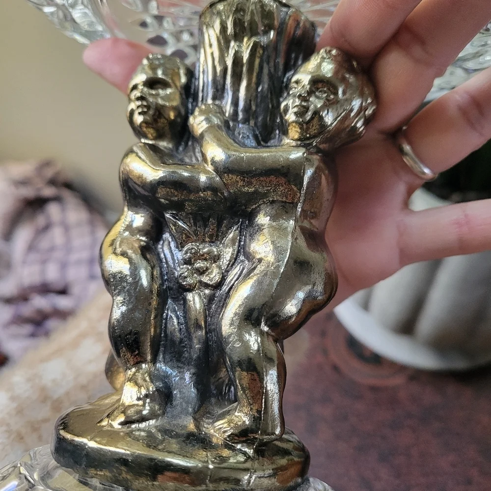 FRENCH ROCOCO PEDESTAL COMPOTE Hollywood Regency Glass Centerpiece with Cherubs
